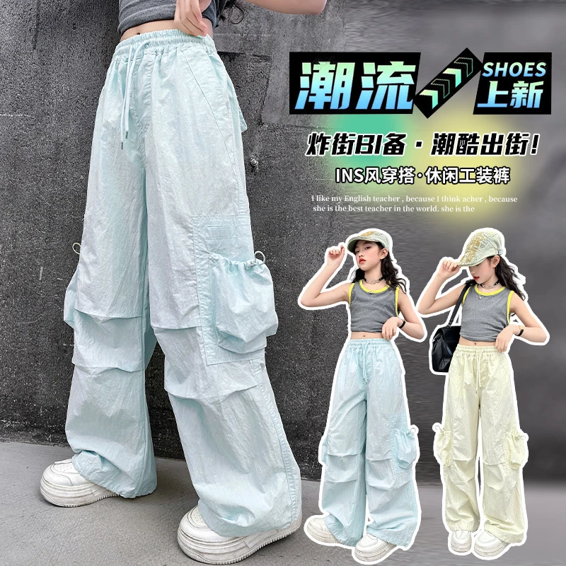 女童洋气工装口袋阔腿裤夏季儿童宽松休闲直筒裤中大童百搭长裤子