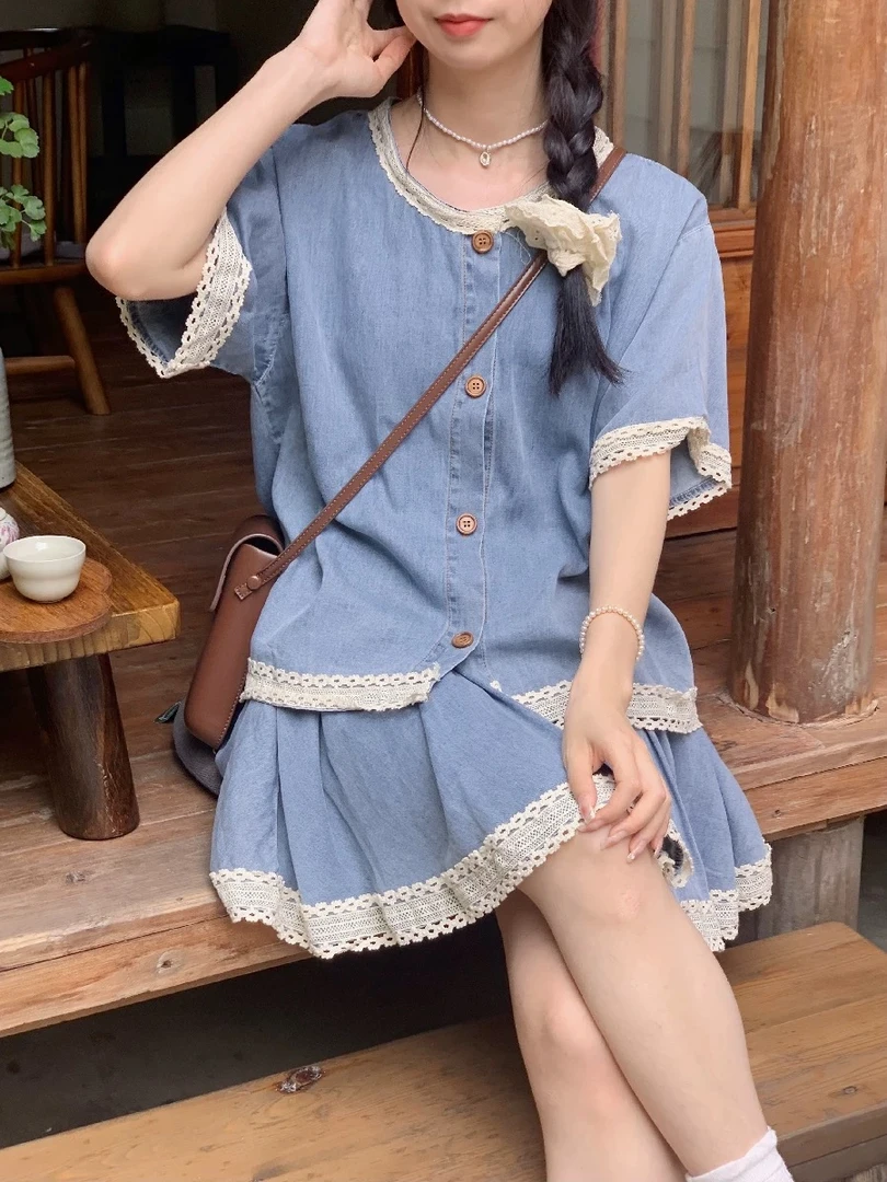 （6321-6340）甜美清新学院时尚套装时尚短袖裙子泡泡袖蓝色韩版