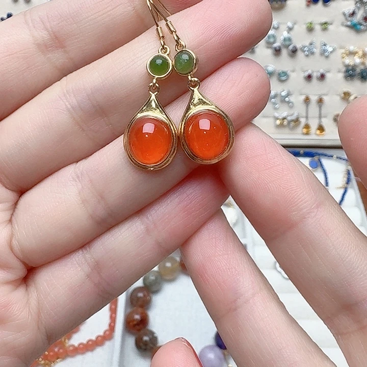 南红玛瑙耳饰银S925镶嵌耳钉480