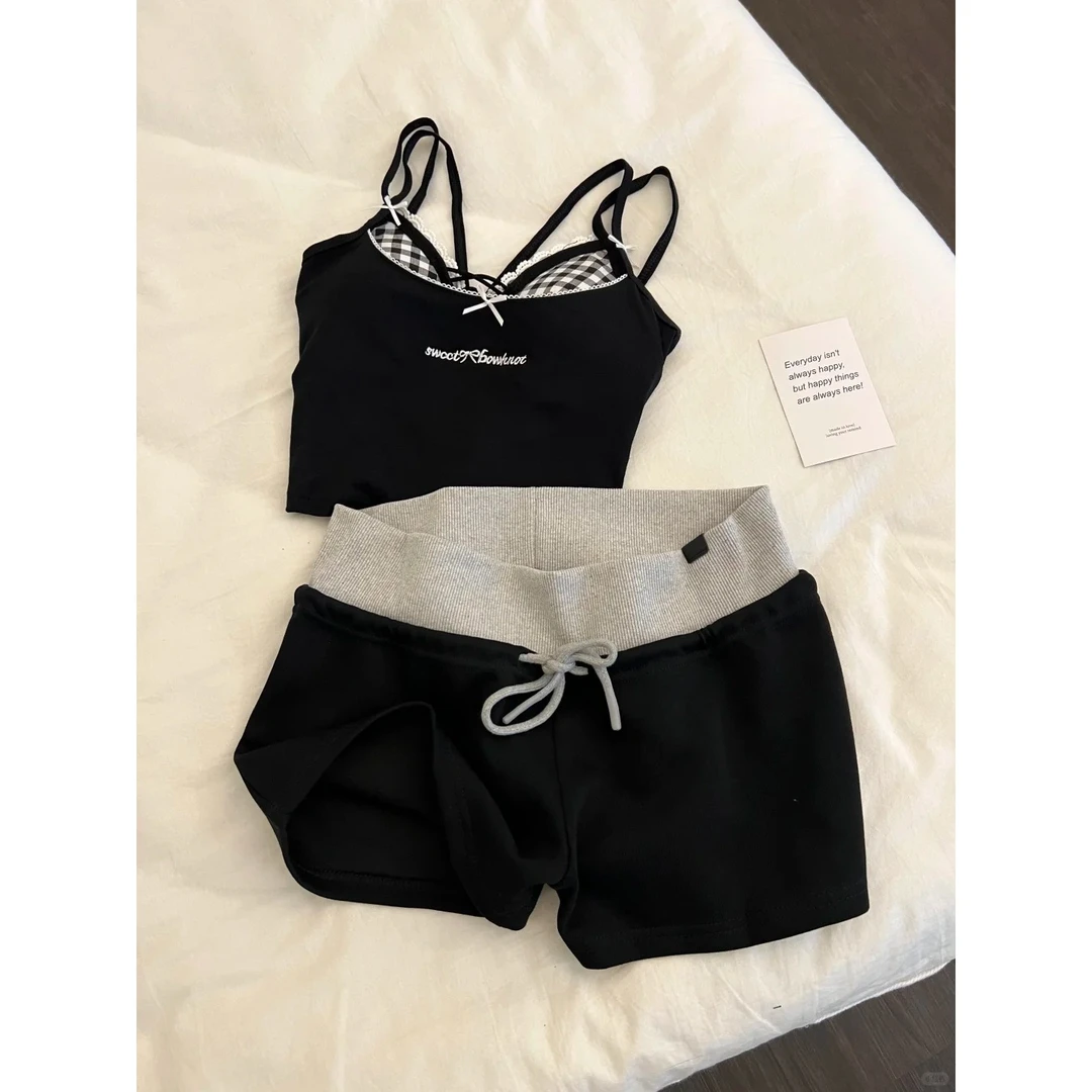 韩版纯欲花边字母印花带胸垫吊带睡衣女夏款纯色短裤家居服两件套