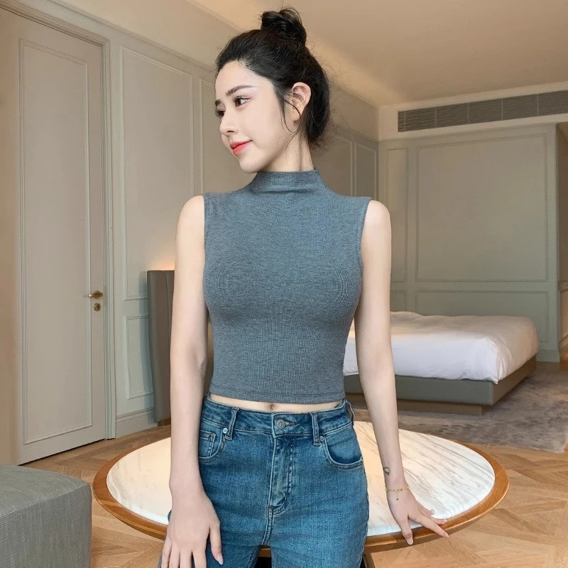 半高领背心女2025新款夏季外穿针织打底内搭螺纹黑色短款无袖上衣