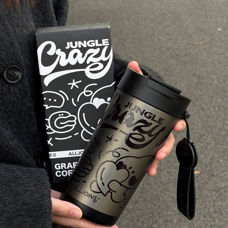 ALLJOINT正品多巴胺涂鸦双饮咖啡杯保温杯男女生便携吸管杯子