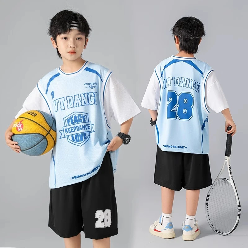男童套装夏季薄款2025新款中大童男孩运动拼色儿童短袖篮球服夏装