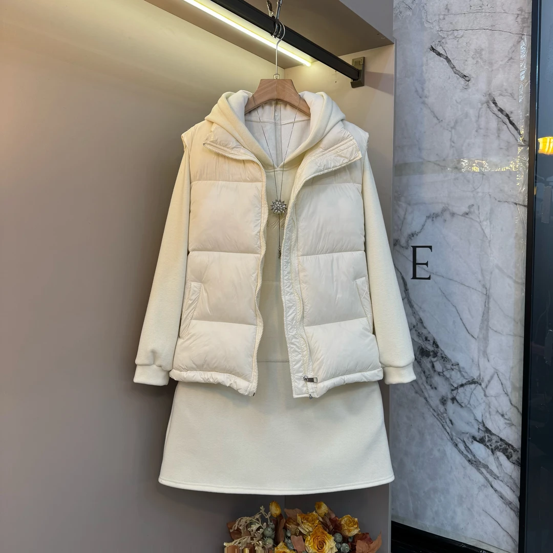 2025时尚大码简约时髦纯色气质显瘦设计马甲+连帽卫衣裙套装7250