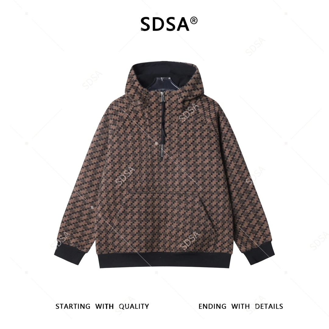 SDSA秋冬新款痞帅男装复古细闪绒毛斜纹半拉链立领连帽卫衣百搭
