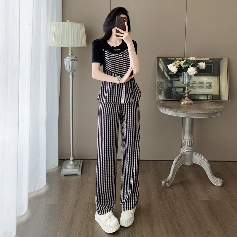 2025小个子时尚休闲格子套装女夏季新款遮肉显瘦上衣阔腿裤两件套