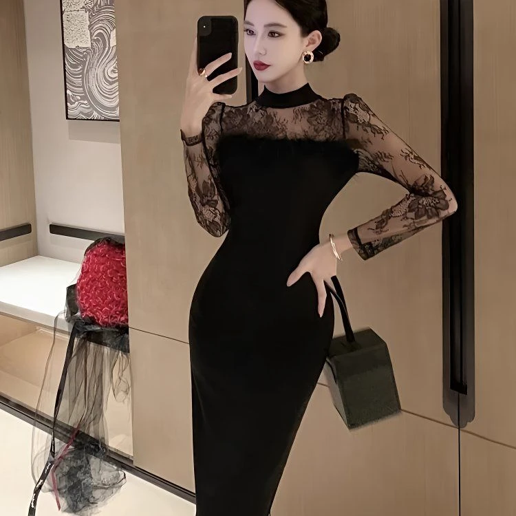 黑色宴会轻礼服赫本风气质修身正式场合蕾丝性感包臀长款连衣裙女