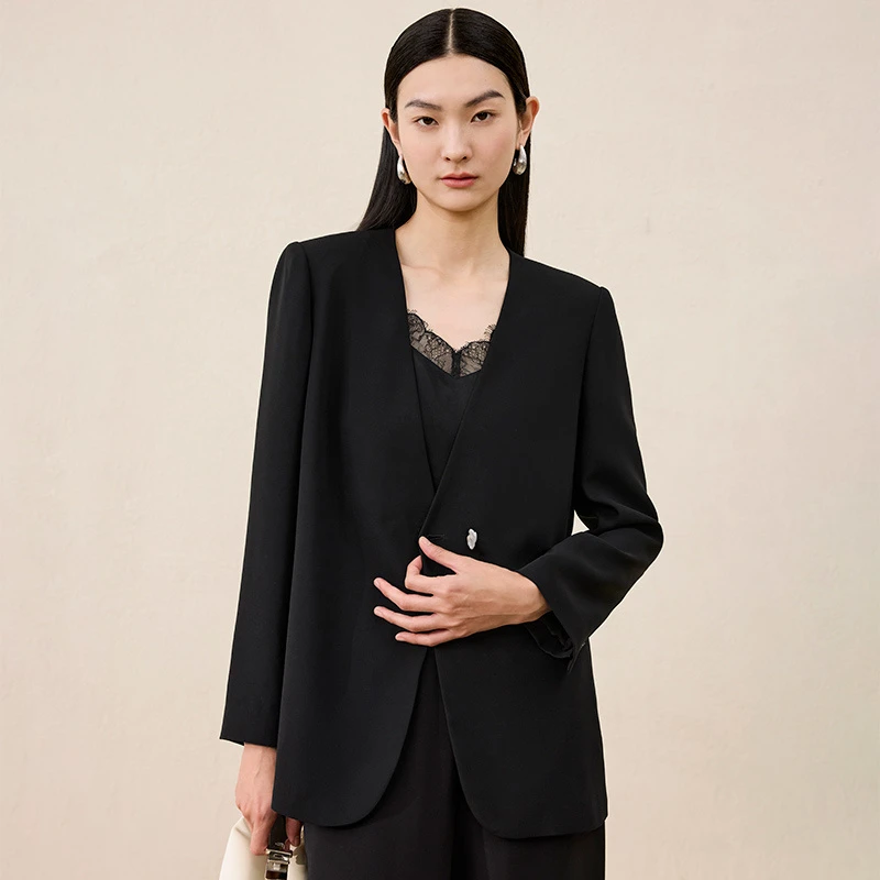 寺山文也 暮吟/30姆米真丝重乔西装套装宽松V领扣西装外套女