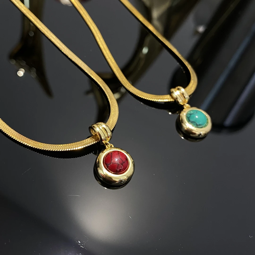 钛钢项链 圆形吊坠红绿百搭锁骨链项链毛衣链AL438-4