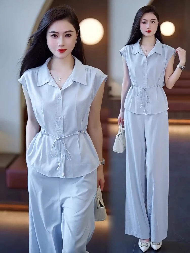 时尚套装女2025夏季新款洋气收腰无袖衬衫高腰阔腿裤气质两件套潮