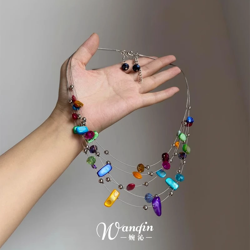 合金项链 民族风彩色多层项链设计感ins甜美简约小众气质锁骨链女