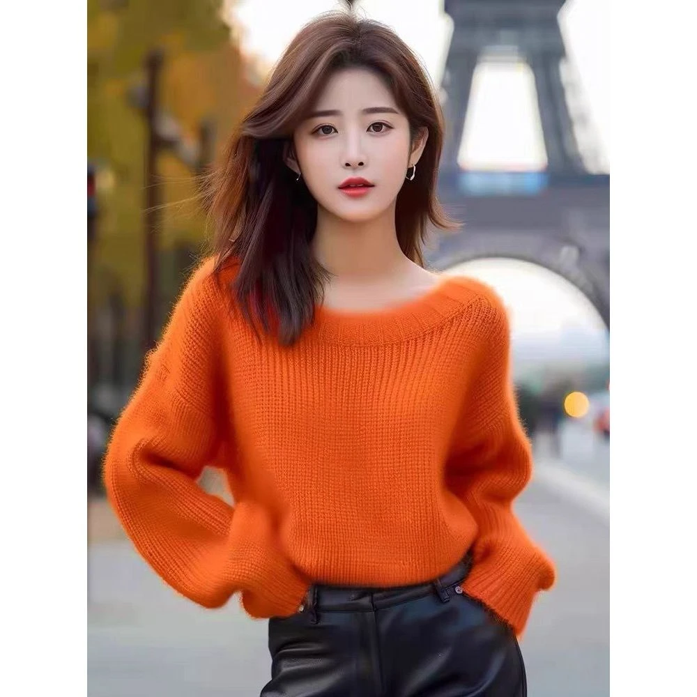 慵懒风橘色宽松海马毛针织衫女毛衣设计感秋冬长袖上衣