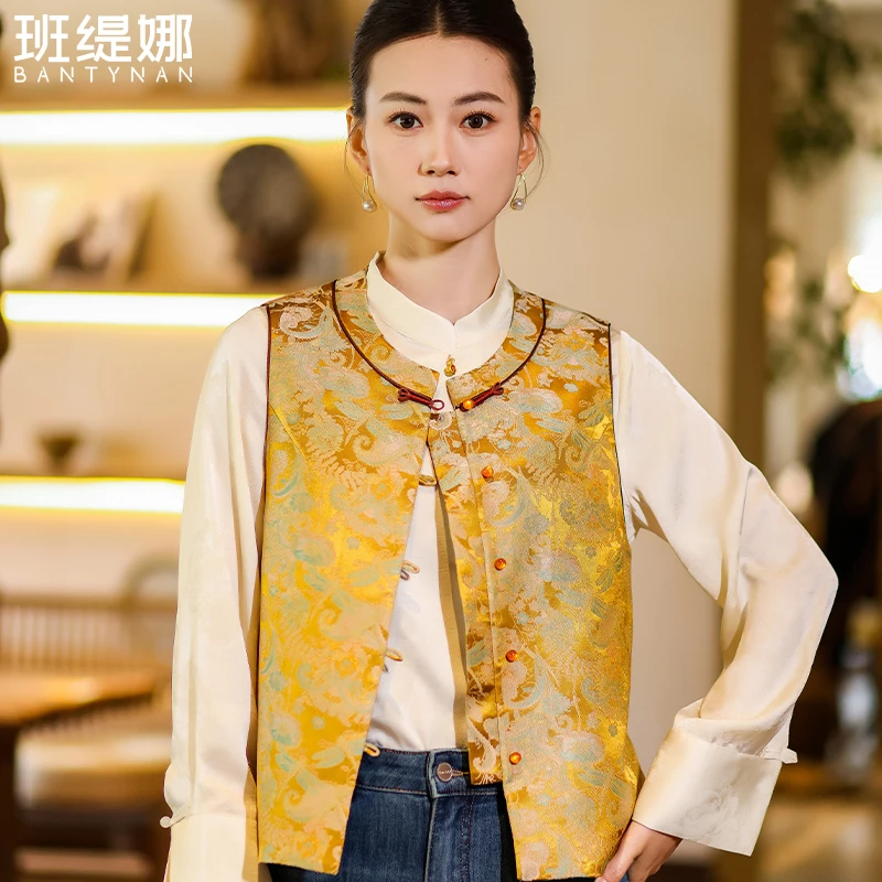 马夹国风日常马甲圆领班缇娜外搭百搭复古免烫中国风提花新中式