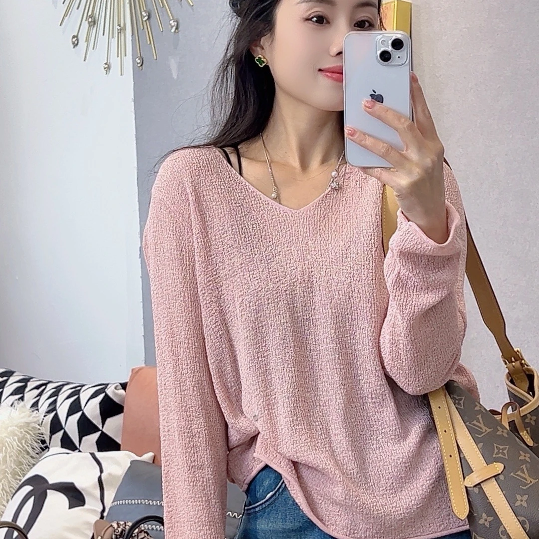 女薄款长袖针织衫百搭女装宽松套头秋冬上衣