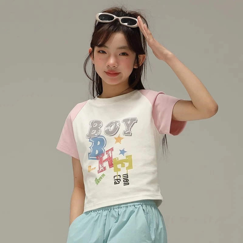 小女森女童夏季T恤撞色插肩袖英文印花中大童短袖多巴胺短款上衣