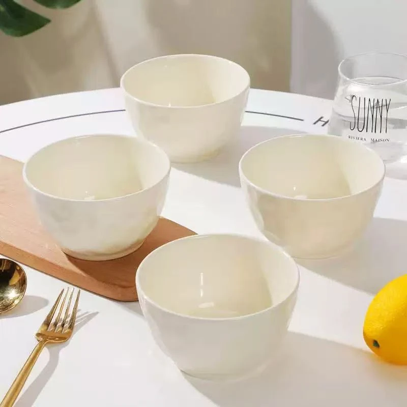 3只4.5英寸纯白石纹奶油米饭碗
