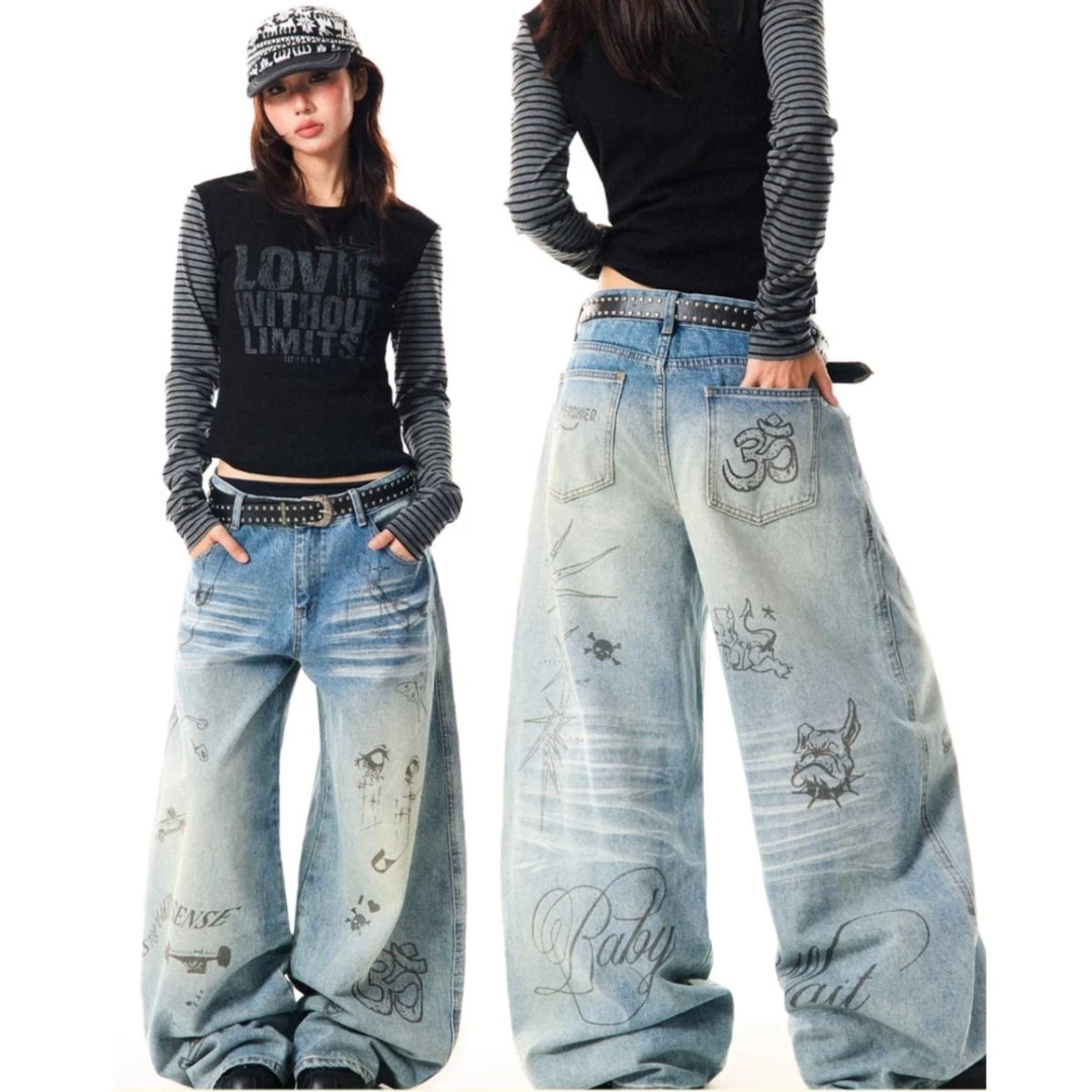 潮牌涂鸦印花弯刀牛仔裤男女美式高街宽松直筒百搭阔腿休闲长裤子