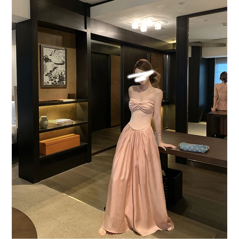 '粉雾日落'高级感a字无袖可拆卸肩带扭结夏季抹胸连衣裙长裙女