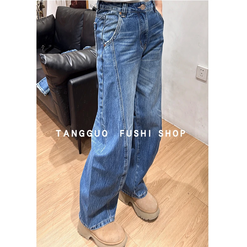 无弹早春『弯刀』阔腿复古无弹宽松显瘦水洗打磨女孩牛仔裤