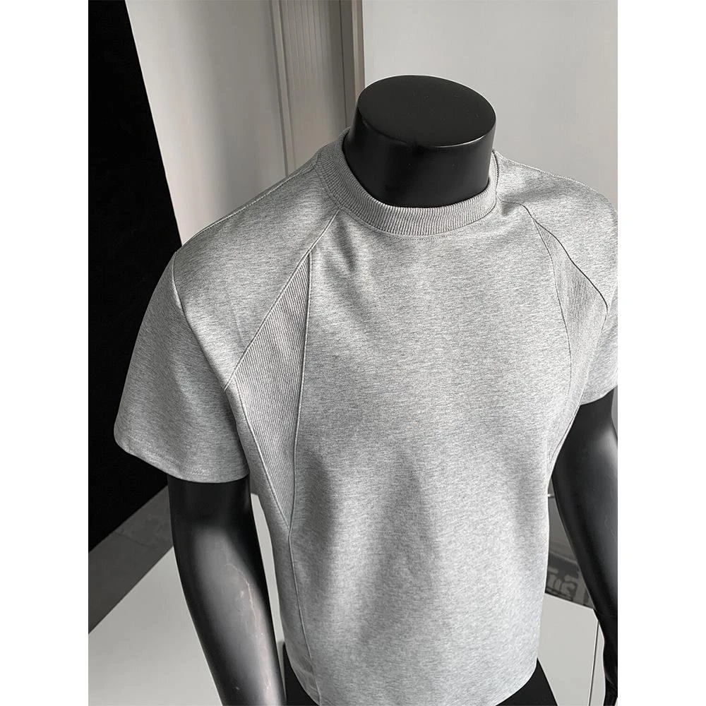 美式重磅正肩短袖t恤男夏季硬汉穿搭弹力修身小领口体恤打底衫夏