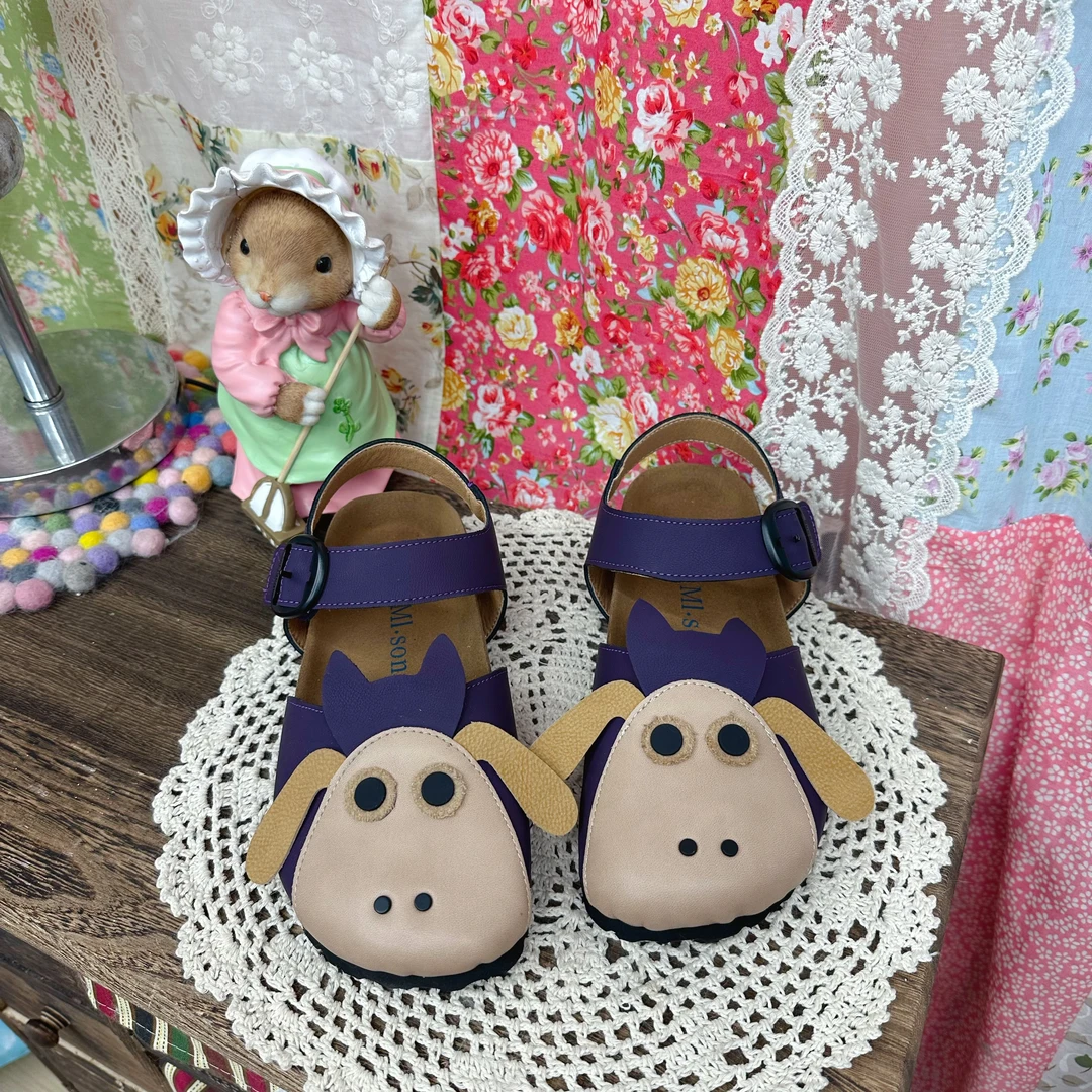 森系夏季真皮大牛勃肯鞋卡通博肯凉鞋魔术贴个性时尚软木底搭扣