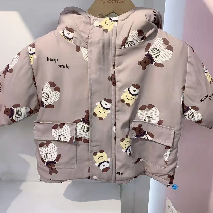 002儿童卡通加绒加棉冲锋衣（灰小熊）