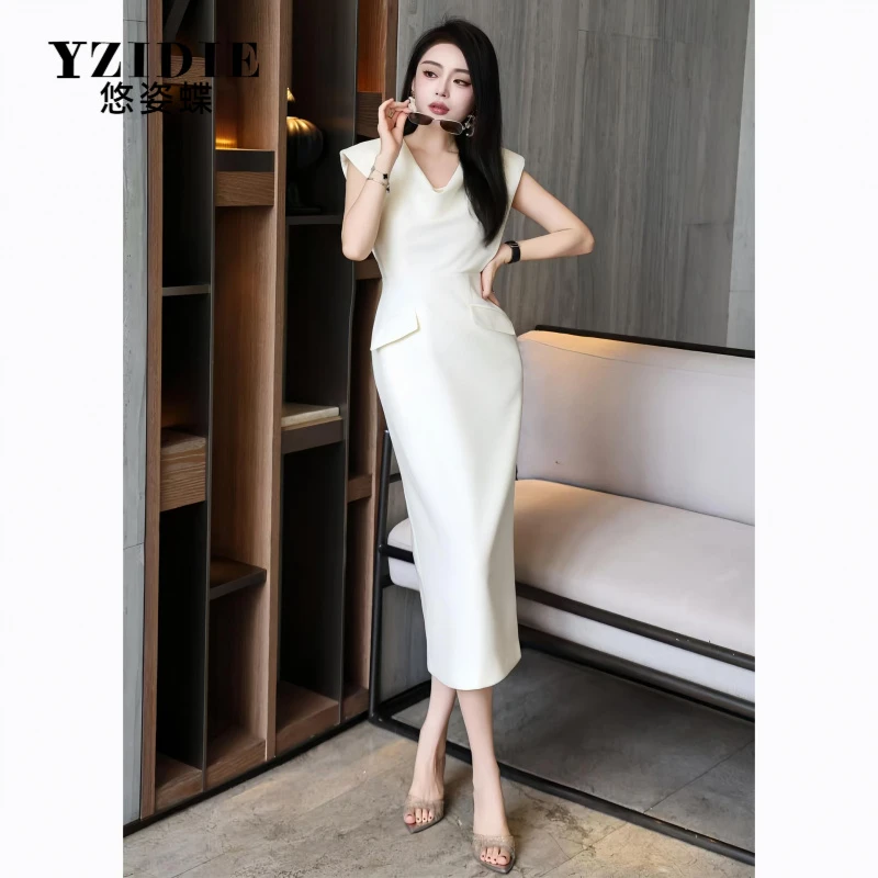 YZIDIE女人味连衣裙2025夏季新款法式设计V领无袖修身气质轻奢