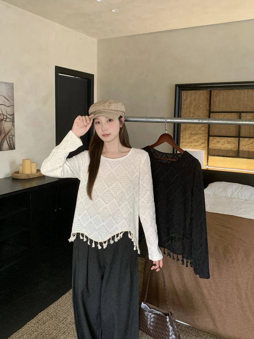 大码女法式镂空流苏长袖t恤胖mm2025秋季新款设计感别致上衣80242