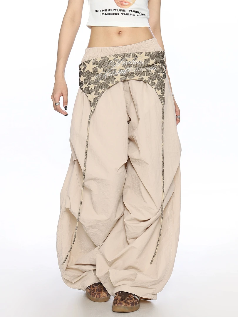 美式叠穿设计感绑带伞兵裤女春夏季宽松休闲褶皱阔腿裤爵士舞裤子