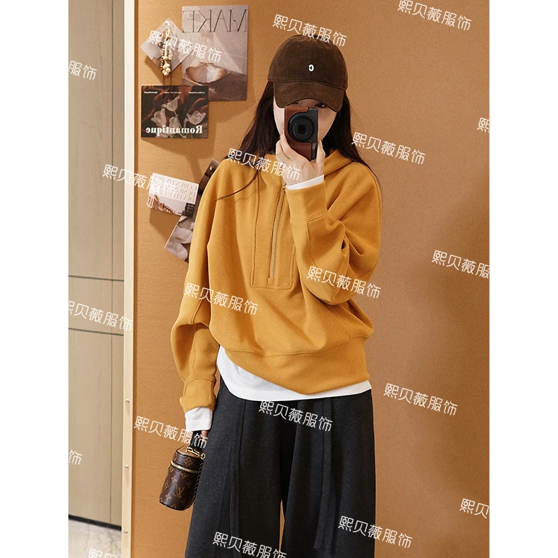 熙贝薇【邂逅】秋季新款半拉链宽松高级感慵懒风连帽卫衣 G5303