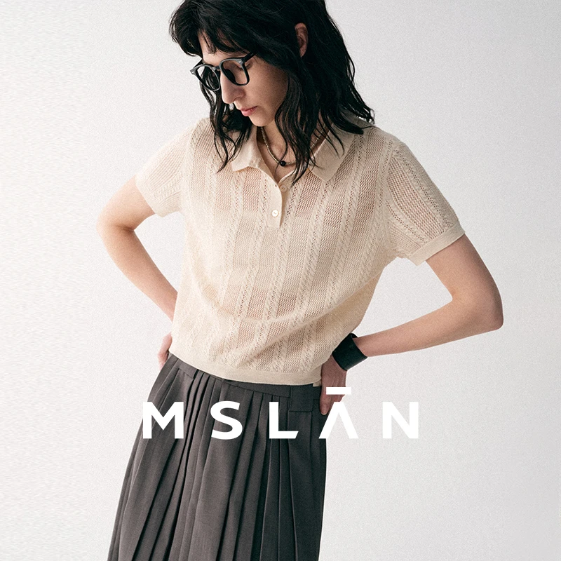 MSLAN2025年春季新款时尚镂空肌理感POLO领毛织套衫MHAN388