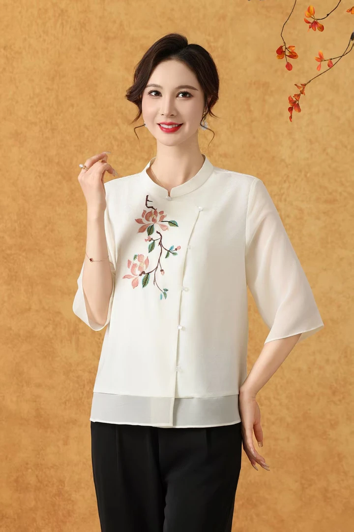 国风绣花七分袖衬衫中国风