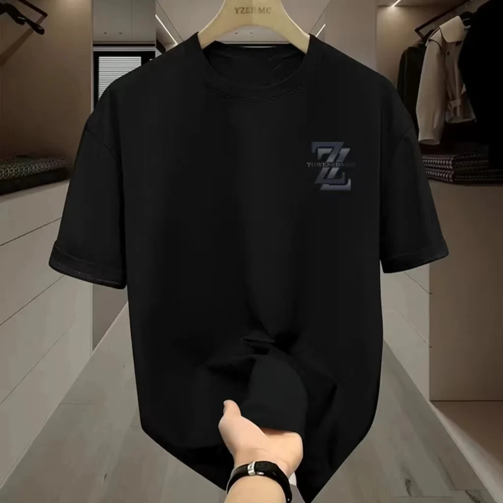 潮牌夏季2025新款男士短袖重磅大码宽松圆领印花轻奢休闲百搭T恤