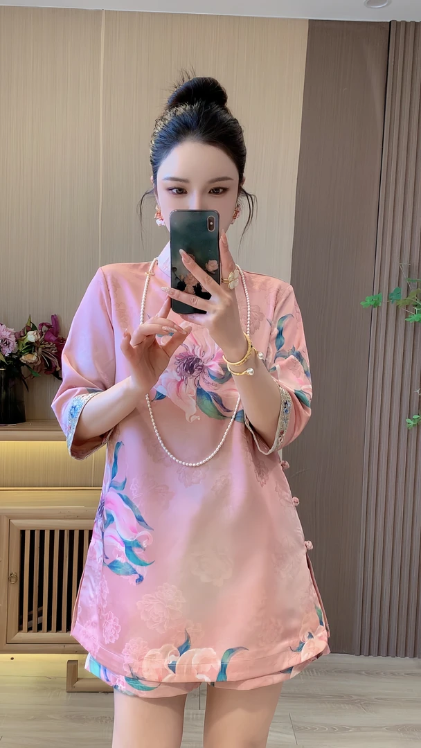 【粉色牡丹】新中式国风提花刺绣套装上衣裤子女