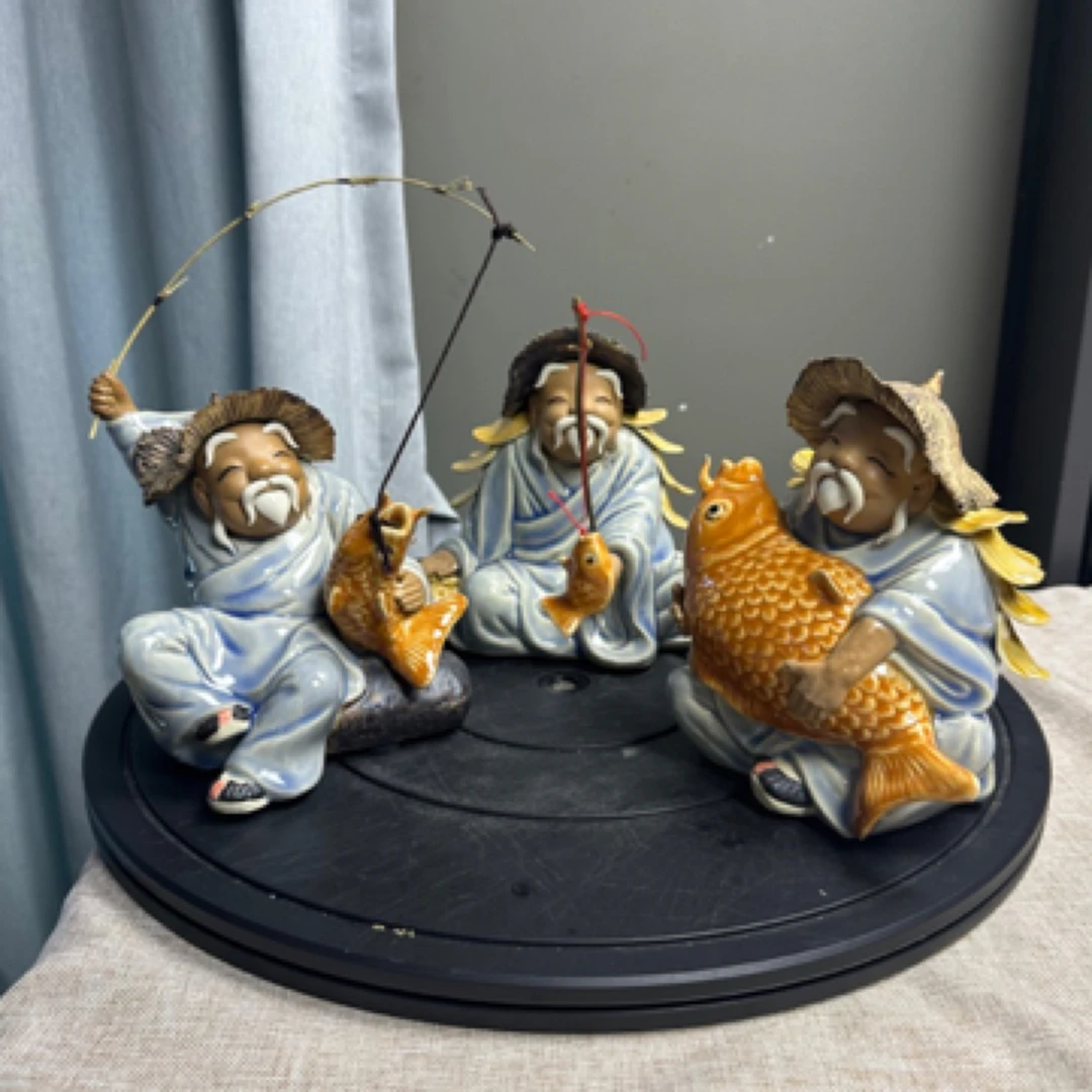 【 抱鱼小渔翁】 唯美意境国风陶瓷小摆件，手工陶瓷装饰工艺品