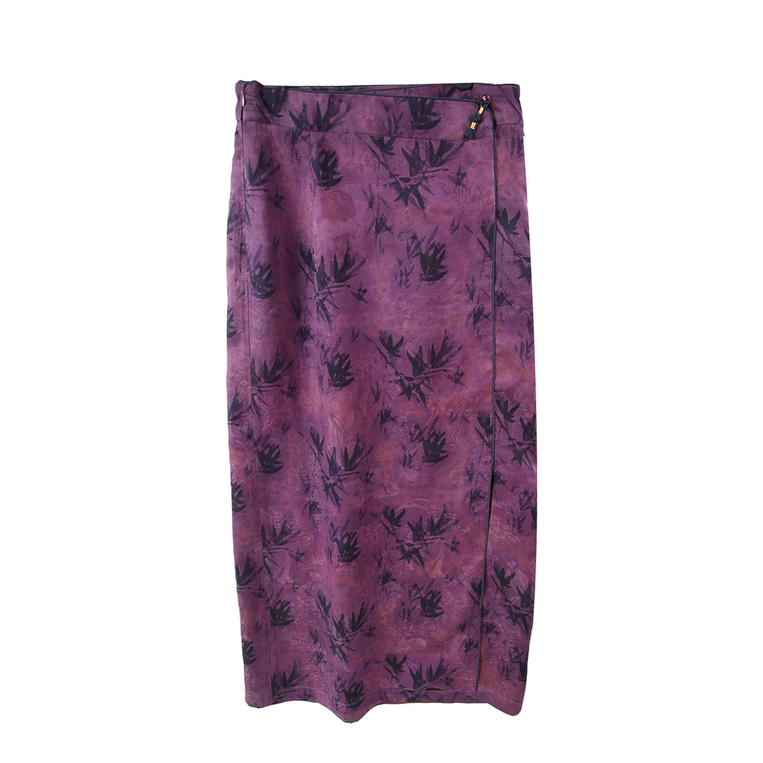 25姆满桑红云纱花罗贵竹前侧开叉盘扣拉链包臀裙12377新