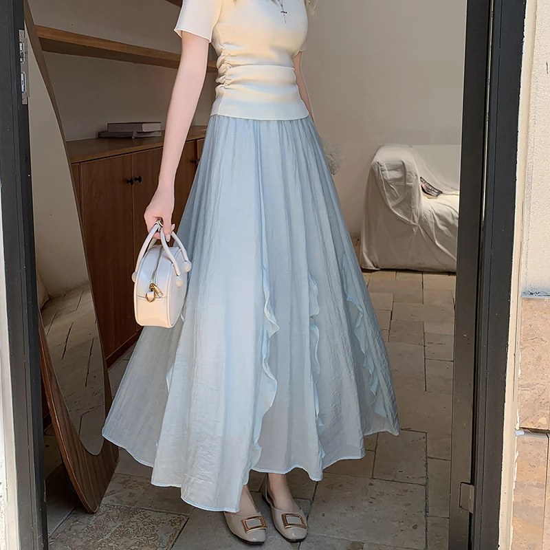 法式甜美荷叶边显瘦半身裙女夏季A字中长款高腰百搭大摆花边伞裙