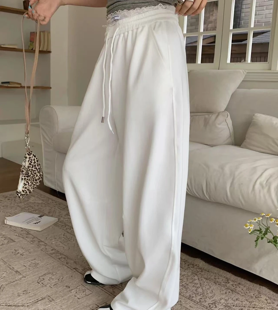 E'VAN【浮华白裤】春夏甜美休闲高腰松紧腰蕾丝拼接白色休闲裤