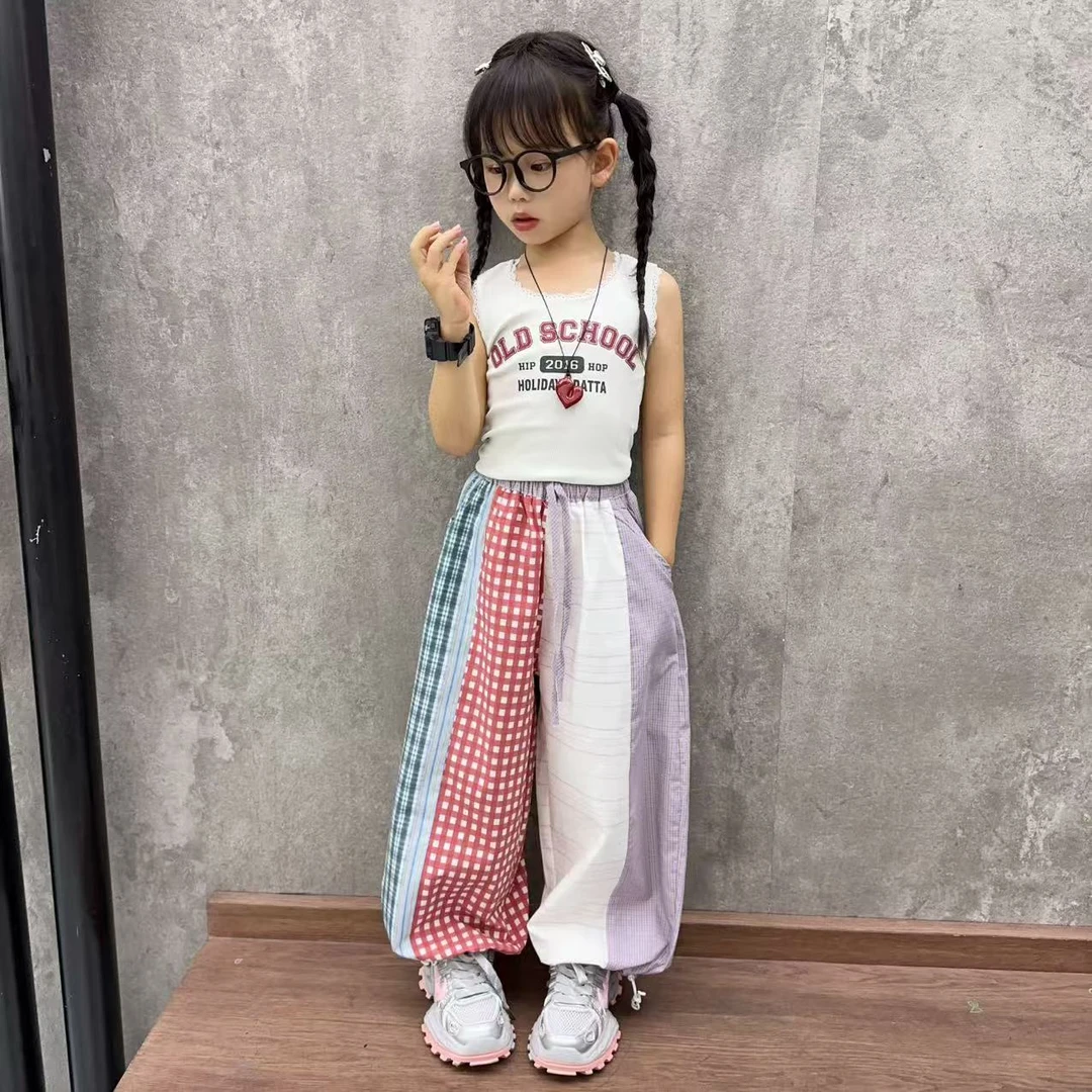 女童网红爆款夏季日韩系拼色格子裤小孩姐时尚百搭背心时尚套装