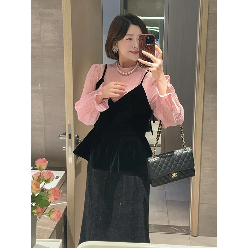 【DIS 定制】【粉色基调】韩系氛围感裙摆丝绒假两件上衣Z525D21952