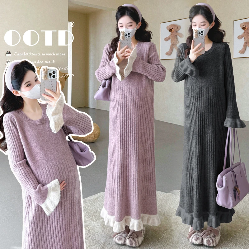 孕妇装新款秋冬季加厚过膝连衣裙法式高级感减龄气质长款针织裙子
