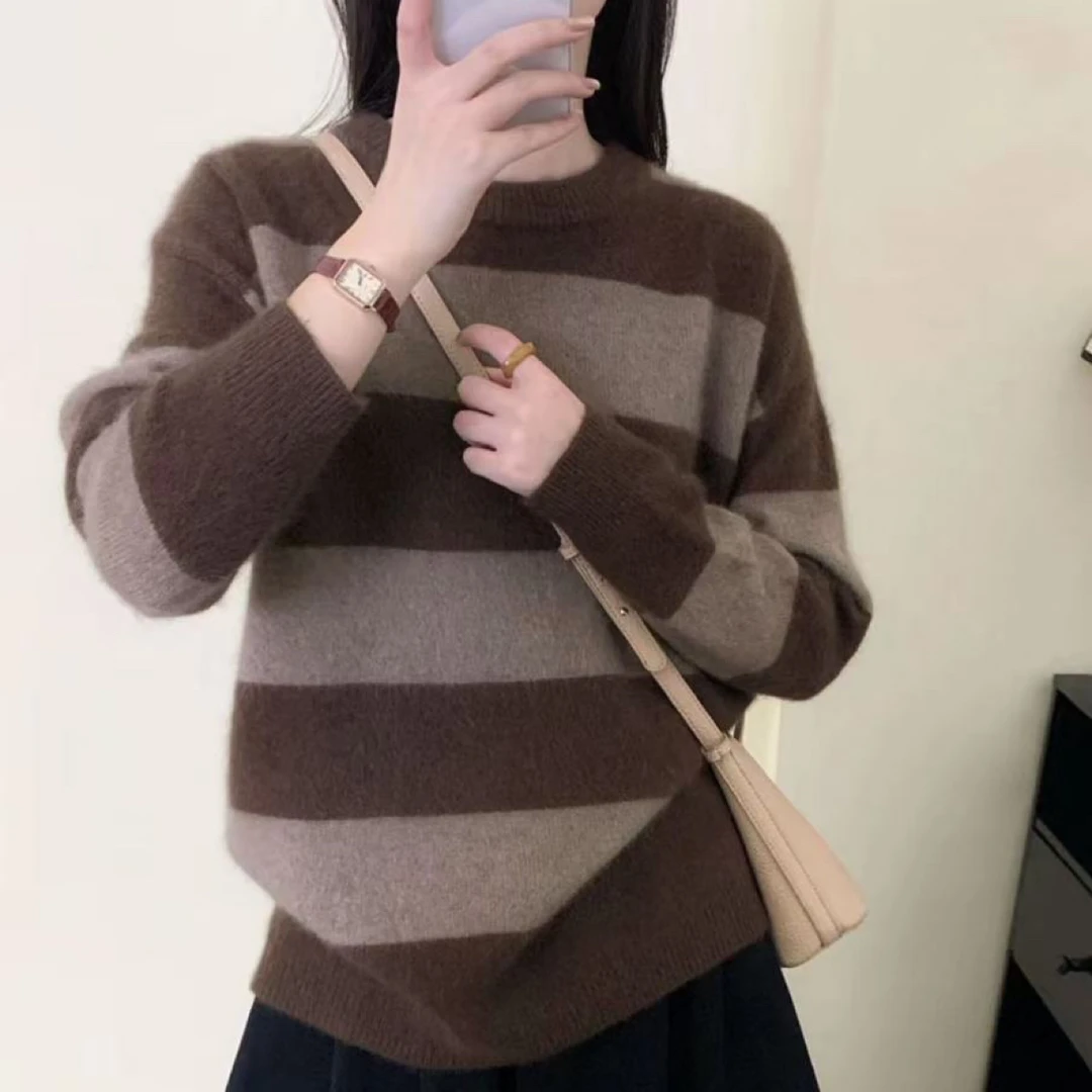 复古撞色条纹毛衣女装2025秋冬季设计感宽松百搭套头羊毛衫6756