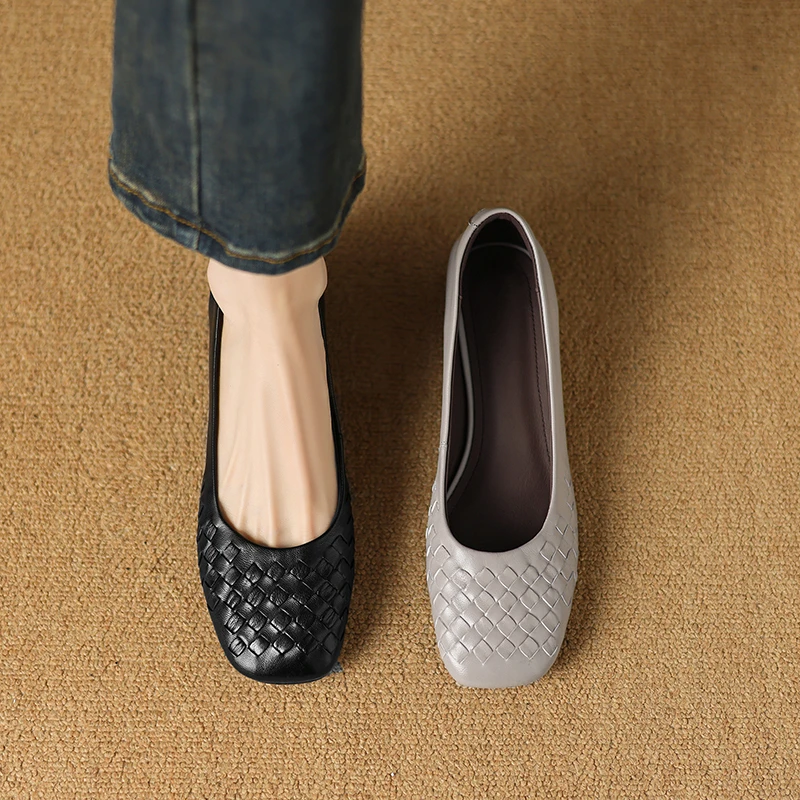 3CM-头层羊皮乐福鞋新款皮鞋复古中跟粗跟浅口方棕色粗跟羊皮乐福