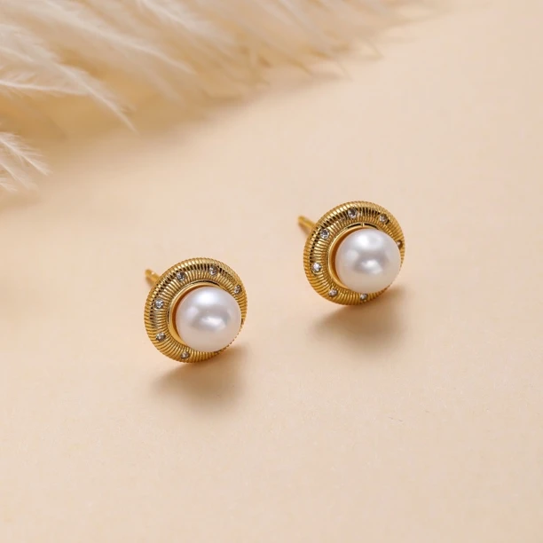 （桃）天然淡水珍珠草帽檐闪闪亮s925银黄金色耳钉一对