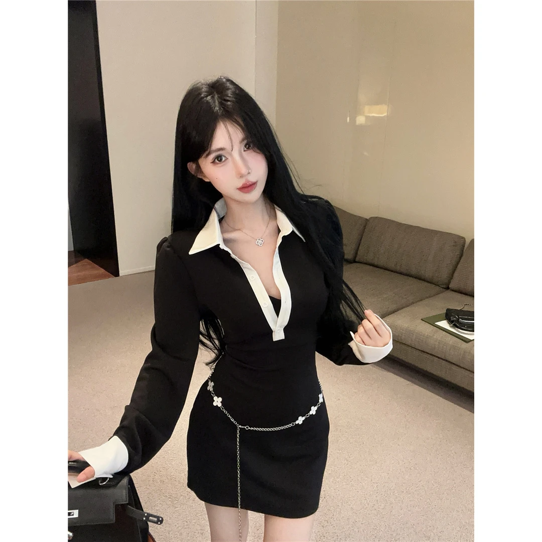 辣妹撞色拼接Polo领衬衫连衣裙秋冬季显瘦包臀裙痞帅炸街风女装
