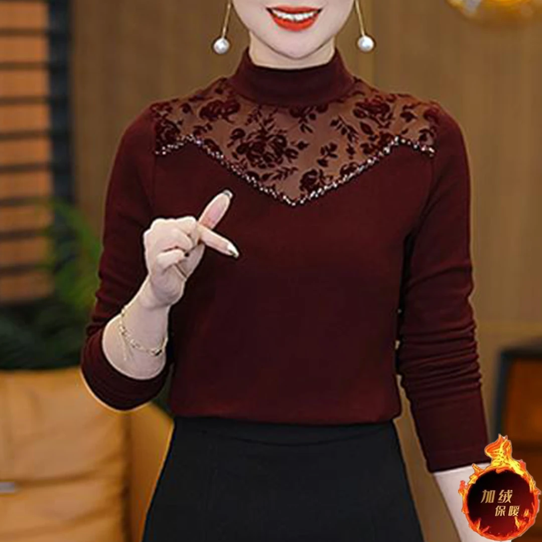 加绒加厚打底衫女士秋冬新款洋气半高领气质蕾丝拼接内搭显瘦上衣
