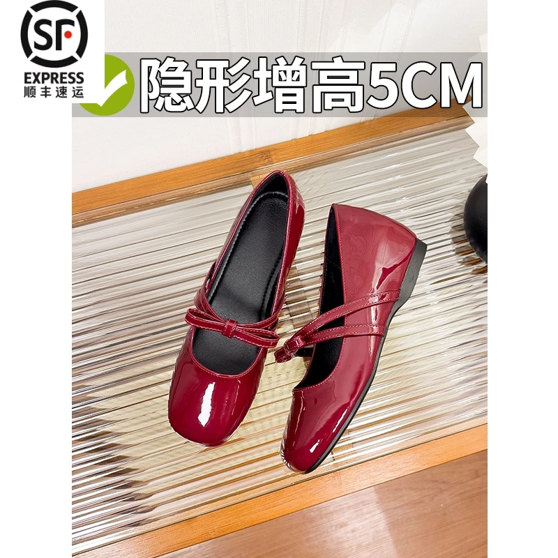 复古红色内增高玛丽珍鞋女2025夏季新款甜美蝴蝶结芭蕾平底小皮鞋