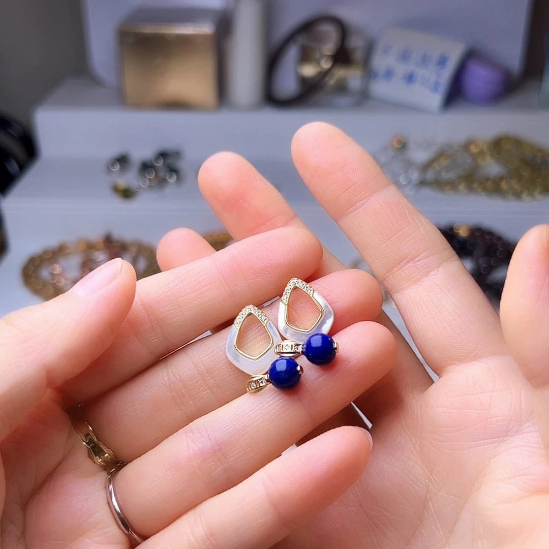 青金石银S925镶嵌耳饰笑**咪不退不换不退运费