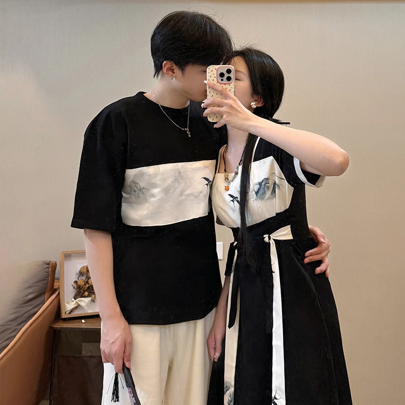 特别情侣装2025夏季新款新中式国风改良连衣裙复古方领假两件汉服