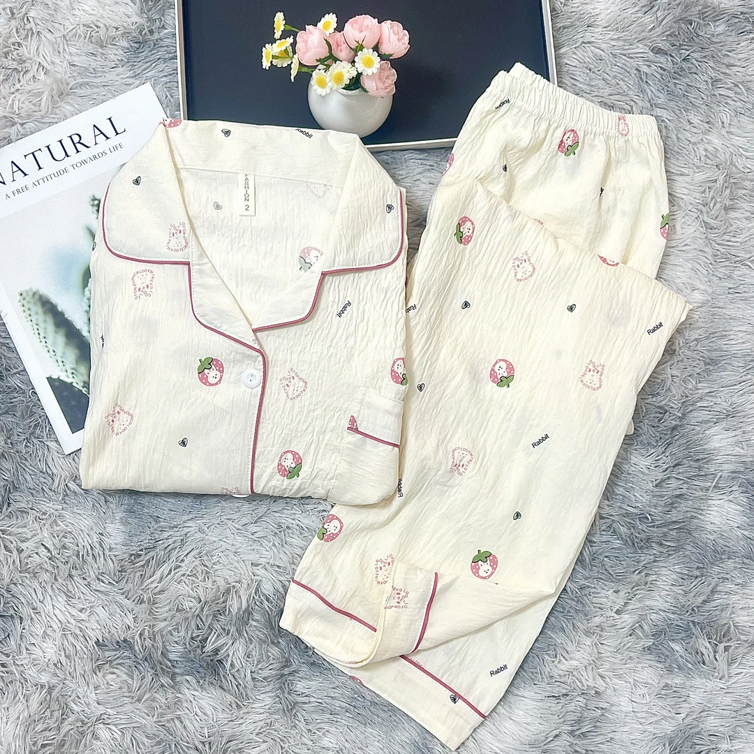 ins云朵棉草莓藏兔兔夏季套装短袖长裤可外穿睡衣家居服女款